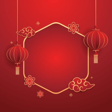 Mutlu Çin Yeni Yılı 2025. Çin yeni yıl afişi, gösteri için daire şeklinde. Tebrik kartı. Kırmızı zemin üzerinde fener bulunan Çin çerçevesi.