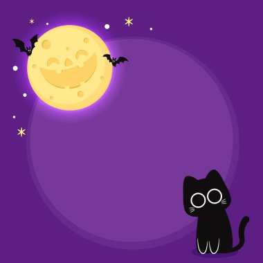 Tatlı Kara Kedi ve Ay. Mor arka planda cadılar bayramı kara kedisi. Cadılar Bayramı etiketi.