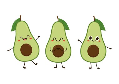 Avokado karakteri. Komik, mutlu, mutlu, gülümseyen avokado. Vektör düz çizgi film karakteri Kawaii illüstrasyon simgesi. Beyaz arkaplanda izole.