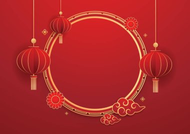 Mutlu Çin Yeni Yılı 2025. Çin yeni yıl afişi, gösteri için daire şeklinde. Tebrik kartı. Kırmızı zemin üzerinde fener bulunan Çin çerçevesi.