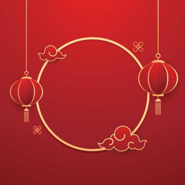 Mutlu Çin Yeni Yılı 2025. Çin yeni yıl afişi, gösteri için daire şeklinde. Tebrik kartı. Kırmızı zemin üzerinde fener bulunan Çin çerçevesi.