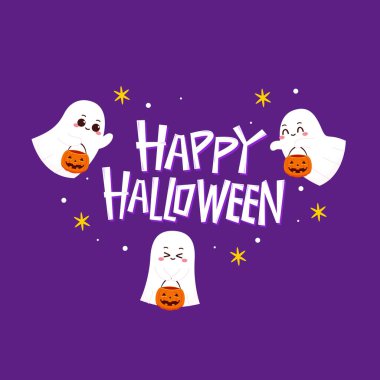 Cadılar Bayramı 'nda şeker mi şaka mı için balkabağı sepeti taşıyan şirin bir hayalet. Tuhaf, ürkünç, yuhalama karakteri. Gülen surat ifadeli hayalet. İzole çocuklar düz vektör çizimi.