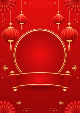 Mutlu Çin Yeni Yılı 2025. Çin yeni yıl afişi, gösteri için daire şeklinde. Tebrik kartı. Kırmızı zemin üzerinde fener bulunan Çin çerçevesi.
