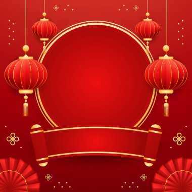 Mutlu Çin Yeni Yılı 2025. Çin yeni yıl afişi, gösteri için daire şeklinde. Tebrik kartı. Kırmızı zemin üzerinde fener bulunan Çin çerçevesi.