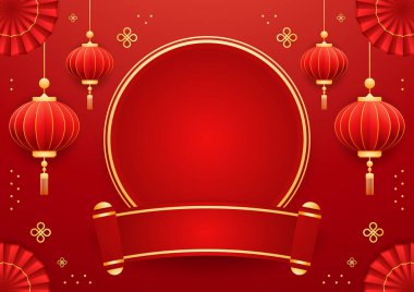 Mutlu Çin Yeni Yılı 2025. Çin yeni yıl afişi, gösteri için daire şeklinde. Tebrik kartı. Kırmızı zemin üzerinde fener bulunan Çin çerçevesi.