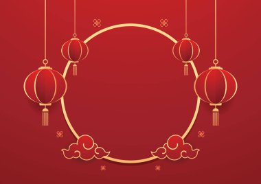 Mutlu Çin Yeni Yılı 2025. Çin yeni yıl afişi, gösteri için daire şeklinde. Tebrik kartı. Kırmızı zemin üzerinde fener bulunan Çin çerçevesi.