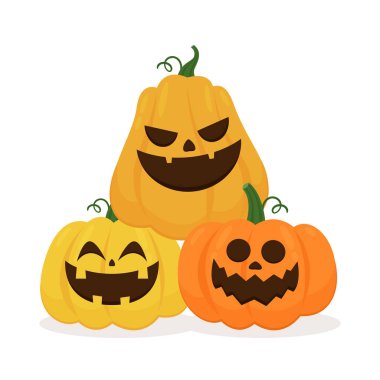 Balkabağı kafa takımı. Tatlı ve korkutucu Cadılar Bayramı balkabağı canavarı seti. Düz stil koleksiyonunda bayram çizgi film karakteri.