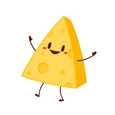 Sevimli peynir karakteri. Düz stil komik yemek simgesi. Süt emojisi vektör illüstrasyonu.