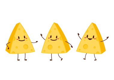Sevimli peynir karakteri. Düz stil komik yemek simgesi. Süt emojisi vektör illüstrasyonu.