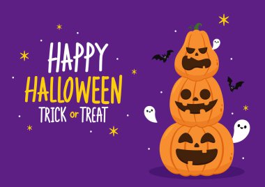 Trick or treat. Happy Halloween greeting card with cute pumpkin. Holidays cartoon character. Halloween pumpkin head vector. clipart