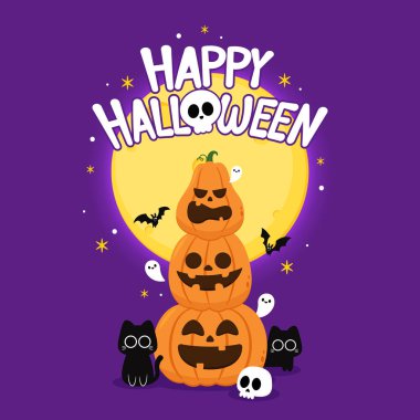 Şeker mi şaka mı? Tatlı balkabaklı Cadılar Bayramı tebrik kartın kutlu olsun. Tatil çizgi film karakteri. Cadılar Bayramı Balkabağı kafa vektörü.