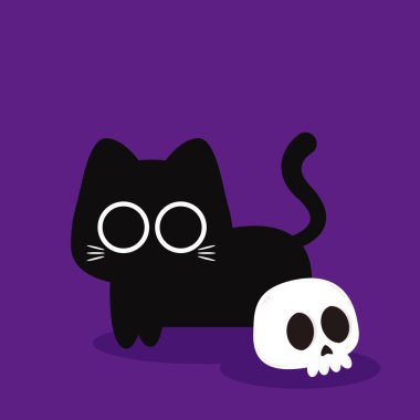 Şirin Kara Kedi. Mor arka planda cadılar bayramı kara kedisi ve kafatası.