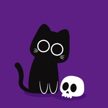 Şirin Kara Kedi. Mor arka planda cadılar bayramı kara kedisi ve kafatası.