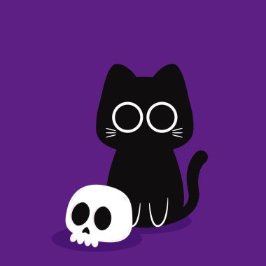 Şirin Kara Kedi. Mor arka planda cadılar bayramı kara kedisi ve kafatası.