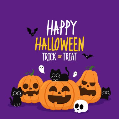 Cadılar Bayramı afişi. Bayram için Cadılar Bayramı partisi davetiyesi. Siyah kedili balkabağı çizgi film karakteri.