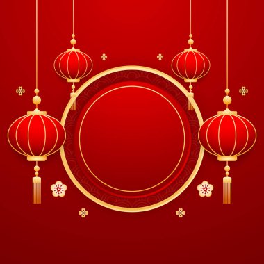 Mutlu Çin Yeni Yılı 2025. Çin yeni yıl afişi, gösteri için daire şeklinde. Tebrik kartı. Kırmızı zemin üzerinde fener bulunan Çin çerçevesi.