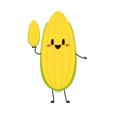 Mısır karikatürü vektörü. Beyaz üzerine izole edilmiş şirin bir sebze vektörü karakteri. Mısır maskotu..