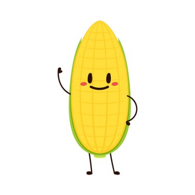 Mısır karikatürü vektörü. Beyaz üzerine izole edilmiş şirin bir sebze vektörü karakteri. Mısır maskotu..