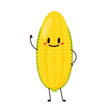 Mısır karikatürü vektörü. Beyaz üzerine izole edilmiş şirin bir sebze vektörü karakteri. Mısır maskotu..