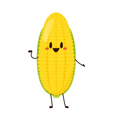 Mısır karikatürü vektörü. Beyaz üzerine izole edilmiş şirin bir sebze vektörü karakteri. Mısır maskotu..