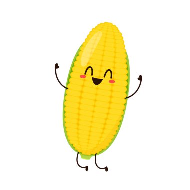 Mısır karikatürü vektörü. Beyaz üzerine izole edilmiş şirin bir sebze vektörü karakteri. Mısır maskotu..