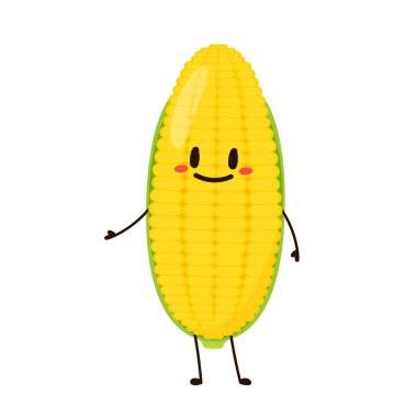 Mısır karikatürü vektörü. Beyaz üzerine izole edilmiş şirin bir sebze vektörü karakteri. Mısır maskotu..