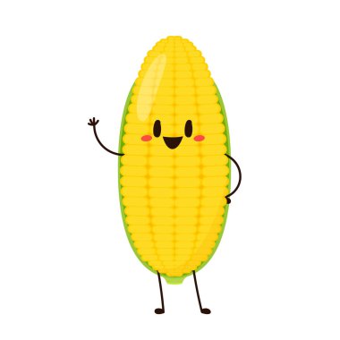 Mısır karikatürü vektörü. Beyaz üzerine izole edilmiş şirin bir sebze vektörü karakteri. Mısır maskotu..