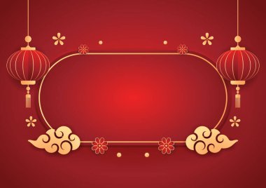 Mutlu Çin Yeni Yılı 2025. Çin yeni yıl afişi, gösteri için daire şeklinde. Tebrik kartı. Kırmızı zemin üzerinde fener bulunan Çin çerçevesi.