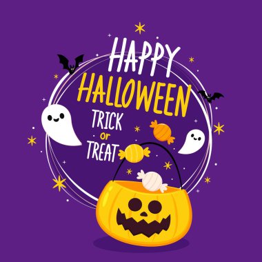 Şeker mi şaka mı? Tatlı balkabaklı Cadılar Bayramı tebrik kartın kutlu olsun. Tatil çizgi film karakteri. Cadılar Bayramı Balkabağı kafa vektörü.