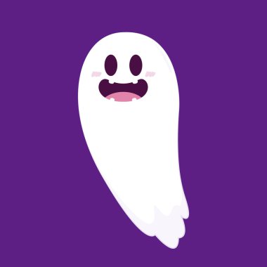 Cadılar Bayramı 'nda şeker mi şaka mı için balkabağı sepeti taşıyan şirin bir hayalet. Tuhaf, ürkünç, yuhalama karakteri. Gülen surat ifadeli hayalet. İzole çocuklar düz vektör çizimi.