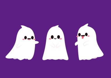 Cadılar Bayramı 'nda şeker mi şaka mı için balkabağı sepeti taşıyan şirin bir hayalet. Tuhaf, ürkünç, yuhalama karakteri. Gülen surat ifadeli hayalet. İzole çocuklar düz vektör çizimi.