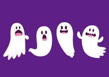 Cadılar Bayramı 'nda şeker mi şaka mı için balkabağı sepeti taşıyan şirin bir hayalet. Tuhaf, ürkünç, yuhalama karakteri. Gülen surat ifadeli hayalet. İzole çocuklar düz vektör çizimi.