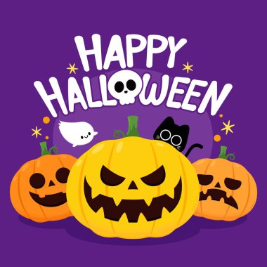 Balkabağı kafa takımı. Tatlı ve korkutucu Cadılar Bayramı balkabağı canavarı seti. Düz stil koleksiyonunda bayram çizgi film karakteri.