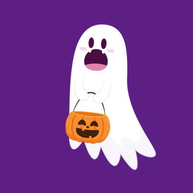 Cadılar Bayramı 'nda şeker mi şaka mı için balkabağı sepeti taşıyan şirin bir hayalet. Tuhaf, ürkünç, yuhalama karakteri. Gülen surat ifadeli hayalet. İzole çocuklar düz vektör çizimi.