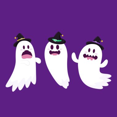 Cadılar Bayramı 'nda şeker mi şaka mı için balkabağı sepeti taşıyan şirin bir hayalet. Tuhaf, ürkünç, yuhalama karakteri. Gülen surat ifadeli hayalet. İzole çocuklar düz vektör çizimi.