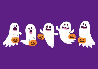 Cadılar Bayramı 'nda şeker mi şaka mı için balkabağı sepeti taşıyan şirin bir hayalet. Tuhaf, ürkünç, yuhalama karakteri. Gülen surat ifadeli hayalet. İzole çocuklar düz vektör çizimi.