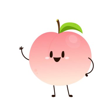 Şeftali çizgi film vektörü. Yaprak ikonlu şeftali. Beyaz arkaplanda kalp şeklinde şeftali meyveleri var. Çiftlik, doğal yiyecek, taze meyve..