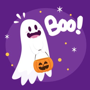 Cadılar Bayramı 'nda şeker mi şaka mı için balkabağı sepeti taşıyan şirin bir hayalet. Tuhaf, ürkünç, yuhalama karakteri. Gülen surat ifadeli hayalet. İzole çocuklar düz vektör çizimi.