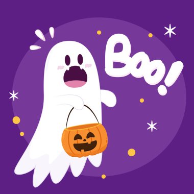 Cadılar Bayramı 'nda şeker mi şaka mı için balkabağı sepeti taşıyan şirin bir hayalet. Tuhaf, ürkünç, yuhalama karakteri. Gülen surat ifadeli hayalet. İzole çocuklar düz vektör çizimi.