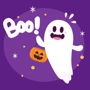 Cadılar Bayramı 'nda şeker mi şaka mı için balkabağı sepeti taşıyan şirin bir hayalet. Tuhaf, ürkünç, yuhalama karakteri. Gülen surat ifadeli hayalet. İzole çocuklar düz vektör çizimi.