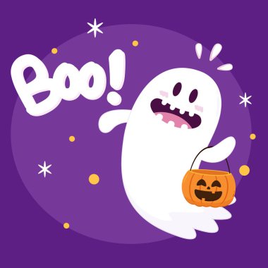 Cadılar Bayramı 'nda şeker mi şaka mı için balkabağı sepeti taşıyan şirin bir hayalet. Tuhaf, ürkünç, yuhalama karakteri. Gülen surat ifadeli hayalet. İzole çocuklar düz vektör çizimi.