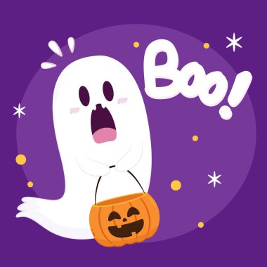 Cadılar Bayramı 'nda şeker mi şaka mı için balkabağı sepeti taşıyan şirin bir hayalet. Tuhaf, ürkünç, yuhalama karakteri. Gülen surat ifadeli hayalet. İzole çocuklar düz vektör çizimi.