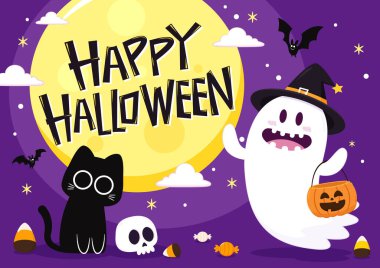 Cadılar Bayramı 'nda şeker mi şaka mı için balkabağı sepeti taşıyan şirin bir hayalet. Tuhaf, ürkünç, yuhalama karakteri. Gülen surat ifadeli hayalet. İzole çocuklar düz vektör çizimi.