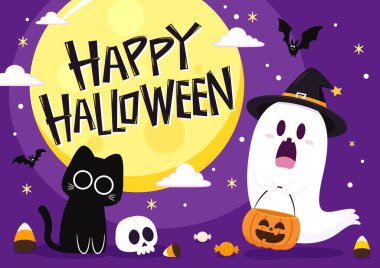 Cadılar Bayramı 'nda şeker mi şaka mı için balkabağı sepeti taşıyan şirin bir hayalet. Tuhaf, ürkünç, yuhalama karakteri. Gülen surat ifadeli hayalet. İzole çocuklar düz vektör çizimi.