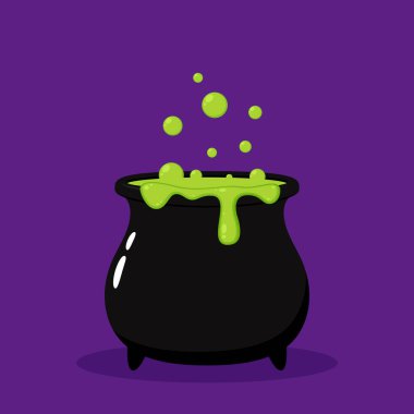 Cadılar Bayramı cadıları, beyaz arka planda izole edilmiş zehirli iksirli mor kazan. Bir cadının Kazanı 'nın Vektör İllüstrasyonu.