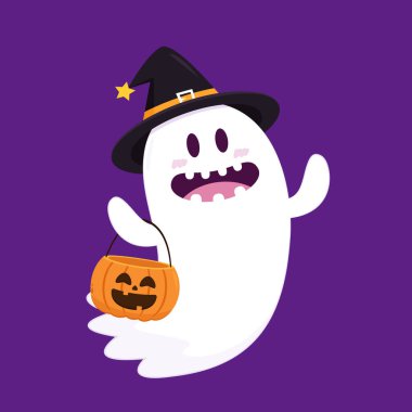 Cadılar Bayramı 'nda şeker mi şaka mı için balkabağı sepeti taşıyan şirin bir hayalet. Tuhaf, ürkünç, yuhalama karakteri. Gülen surat ifadeli hayalet. İzole çocuklar düz vektör çizimi.