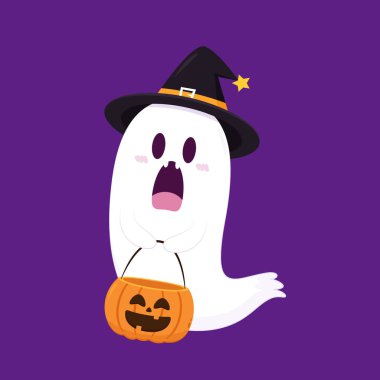 Cadılar Bayramı 'nda şeker mi şaka mı için balkabağı sepeti taşıyan şirin bir hayalet. Tuhaf, ürkünç, yuhalama karakteri. Gülen surat ifadeli hayalet. İzole çocuklar düz vektör çizimi.