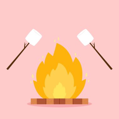 Şekerleme karakteri. Şiş şiş üzerine lokum parçası orman ateşinde kavruluyor. Şenlik ateşi vektörü. Şekerleme çizgi film vektörü. 