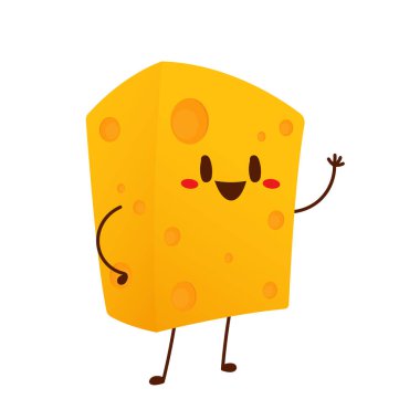 Sevimli peynir karakteri. Düz stil komik yemek simgesi. Süt emojisi vektör illüstrasyonu.