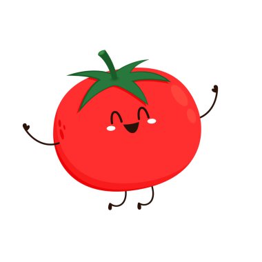Domates karakter tasarımı. Sebze çizimin kutlu olsun. Çocuk kitapları için çizgi film düz tasarım..